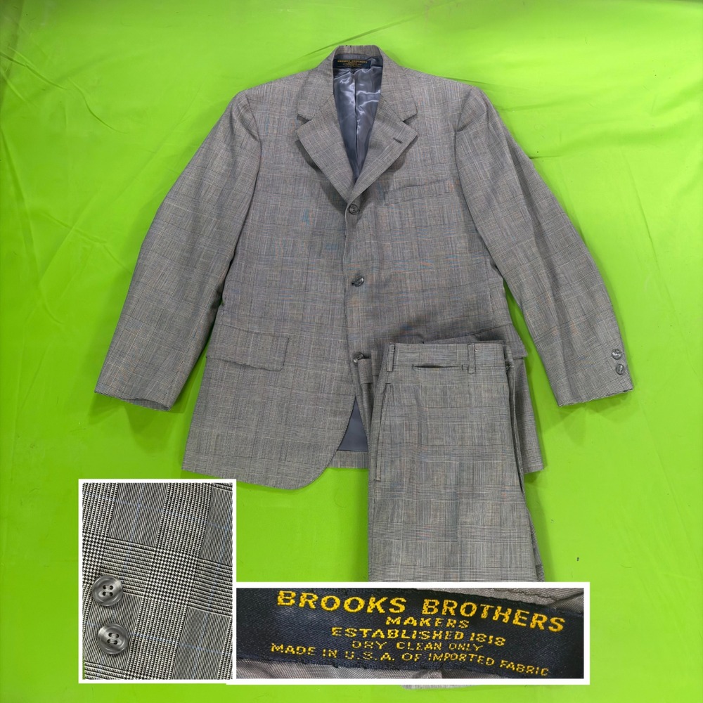 VTG 80s Brooks Brothers 40R/34W Gray Glen Plaid Wool 2 Piece Suit USA Union Made
